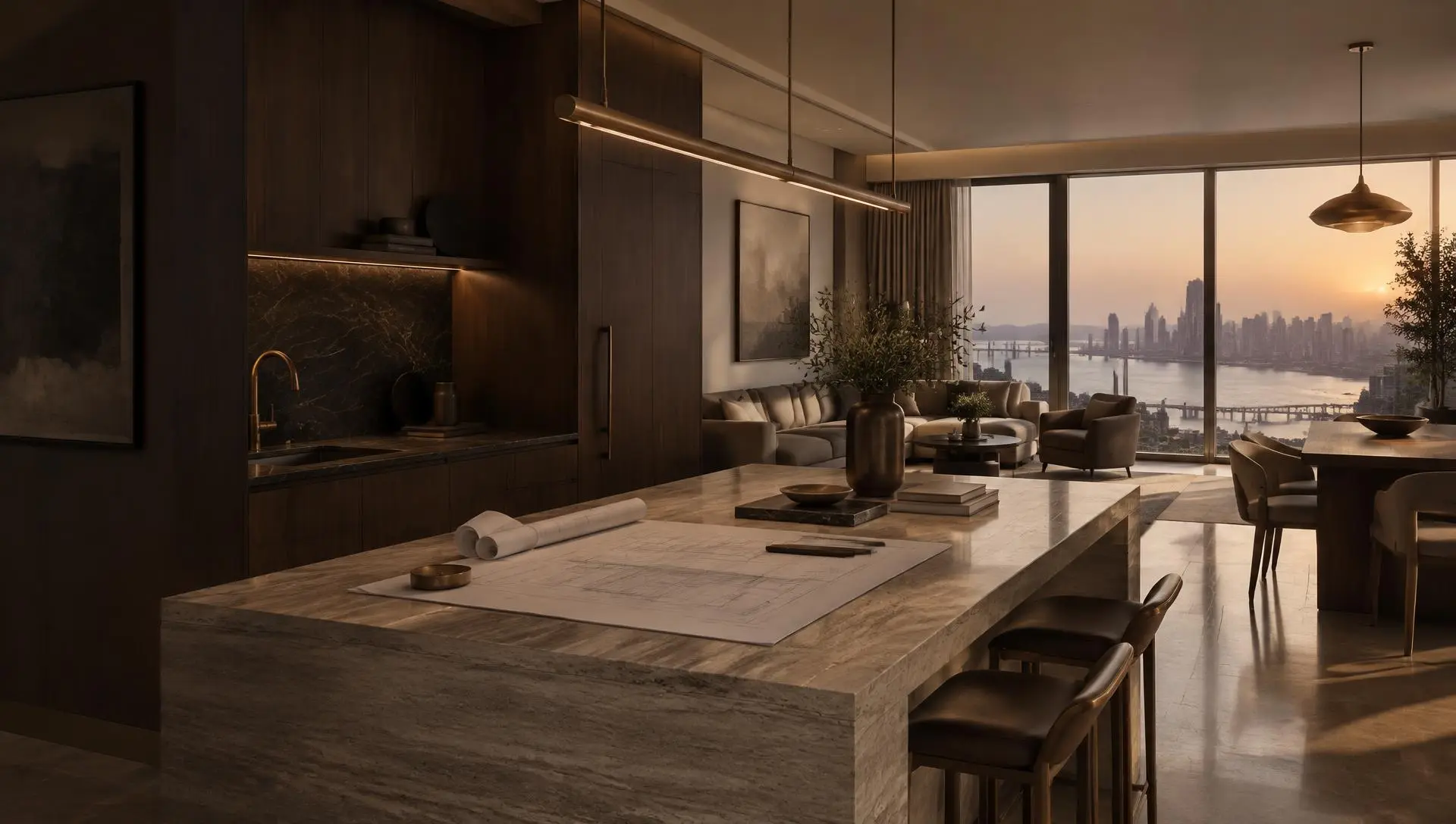 Luxury apartment interior near completion with drawings on the island